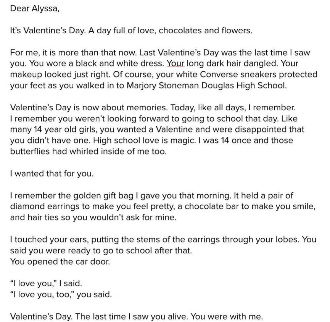 OfficialJoelF's tweet photo. The mother of Alyssa Alhadeff, who was killed in Marjory Stoneman Douglas shooting, wrote this ahead of one year anniversary on Valentine’s Day 💔 #ParklandStrong #NeverAgain https://t.co/56aiaanXCn