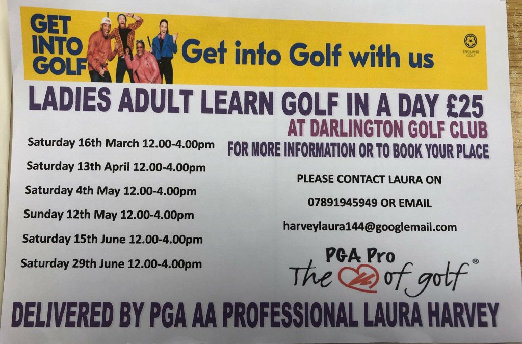 Ladies @GetIntoGolf Learn Golf In a Day Course dates now available! To book your place please contact the details below👇🏻📲 @DarloGC @Durham_Golf #Getintogolf  #Welovegolf #Trysomethingdifferent #PGAProfessional 🏌️‍♀️⛳️