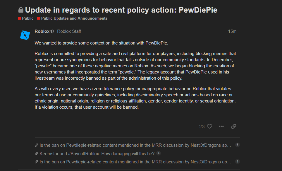 Trustmeimrussian On Twitter Roblox Made An Official Statement On The Pewdiepie Ban Stating The Legacy Account That Pewdiepie Used In His Livestream Was Incorrectly Banned As Part Of The Administration Of - roblox twitter pewdiepie