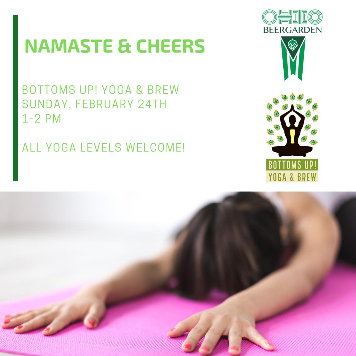 OhioBeerGarden's tweet photo. Join us Sunday, February 24th, at 1 p.m. for our class with @BottomsUpYoga &amp; Brew!
All yoga levels are welcome for the $15 class, and your first beer is included. Get your tickets here: https://t.co/HSMKZX3uZX. https://t.co/xxrGget7f5