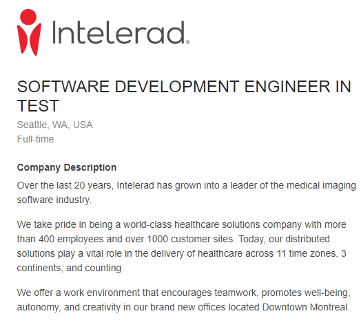 clariomedical's tweet photo. We have a job opening in the #Seattle office for a SOFTWARE DEVELOPMENT ENGINEER IN TEST. Apply to today to join a forward thinking and energetic company! @Intelerad #jobopening https://t.co/4yJzuZZj0V https://t.co/PqePSHJw7C