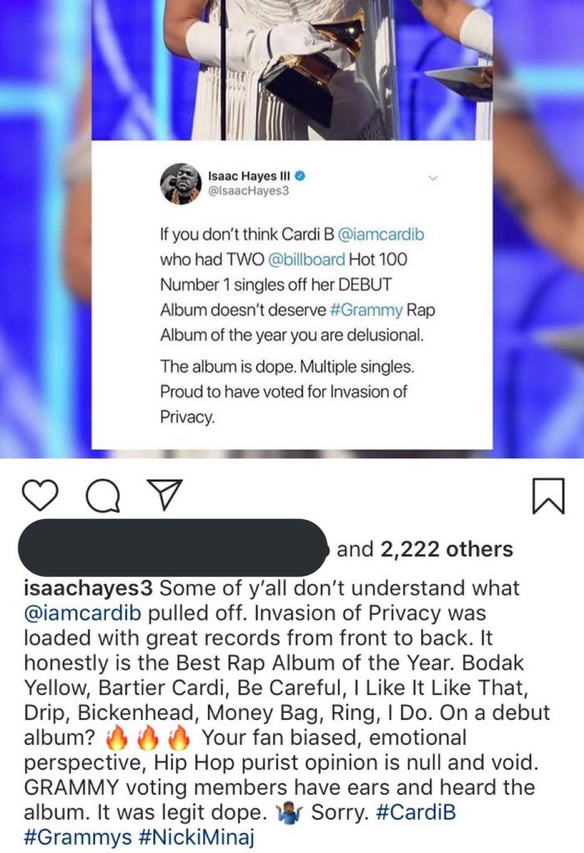 Issac Haynes explains why he voted for Cardi for Best Rap Album at the  #Grammys. Industry peers vote on who wins and who doesn’t. This should be a lesson: don’t pick fights because you just never know 