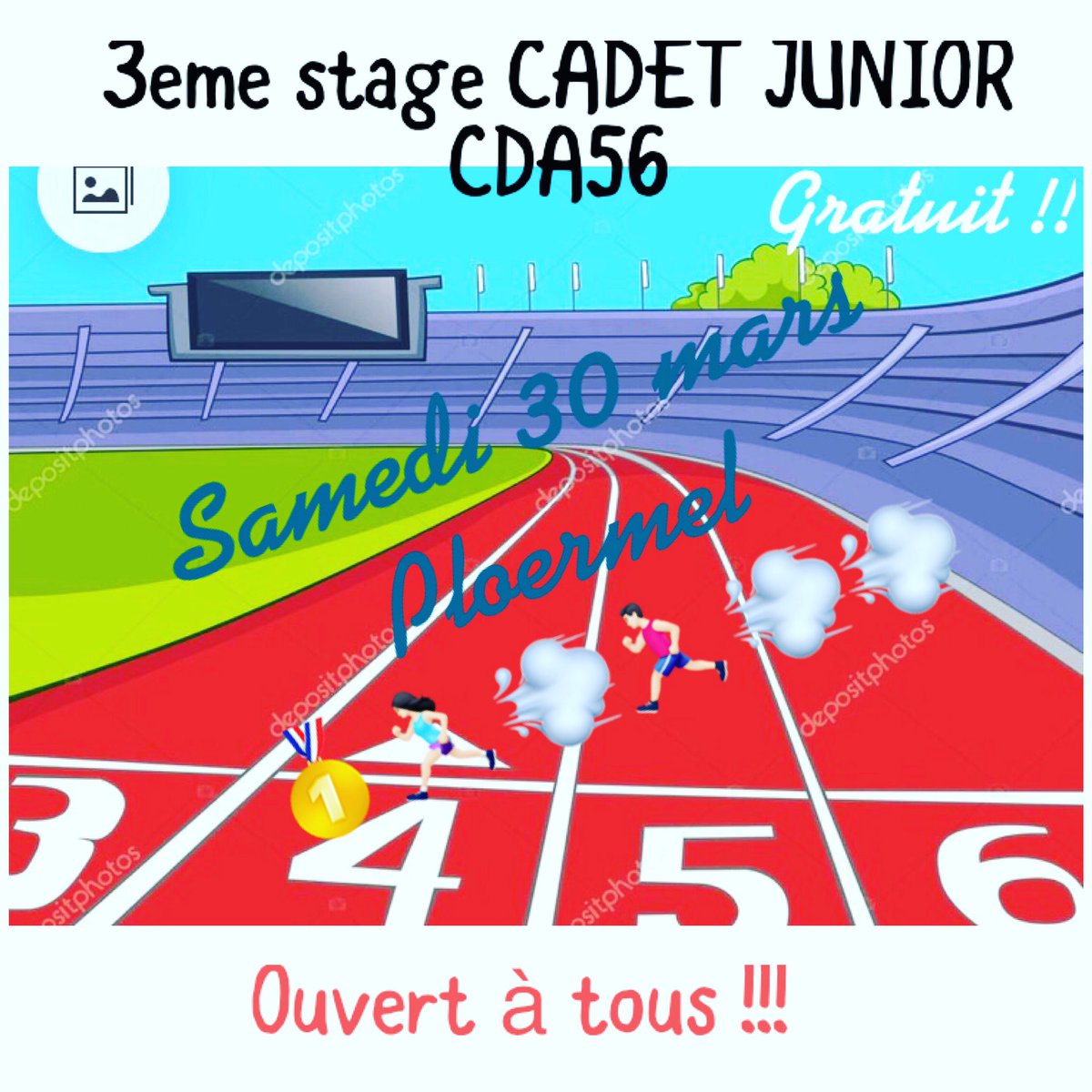 Mikathletisme's tweet photo. Stage Cadet/Junior du Comité Départemental Athlétisme Morbihan
Samedi 30 Mars à la salle couverte de Ploermel !
GRATUIT !!!!
OUVERT À TOUS les athlètes cadets/juniors du Morbihan !
SPRINT / HAIES / DEMI-FOND / SAUTS LANCERS !!
Venez nombreux !!
#PlusFortEnsemble
#CDA56 https://t.co/1ORT58BPEA