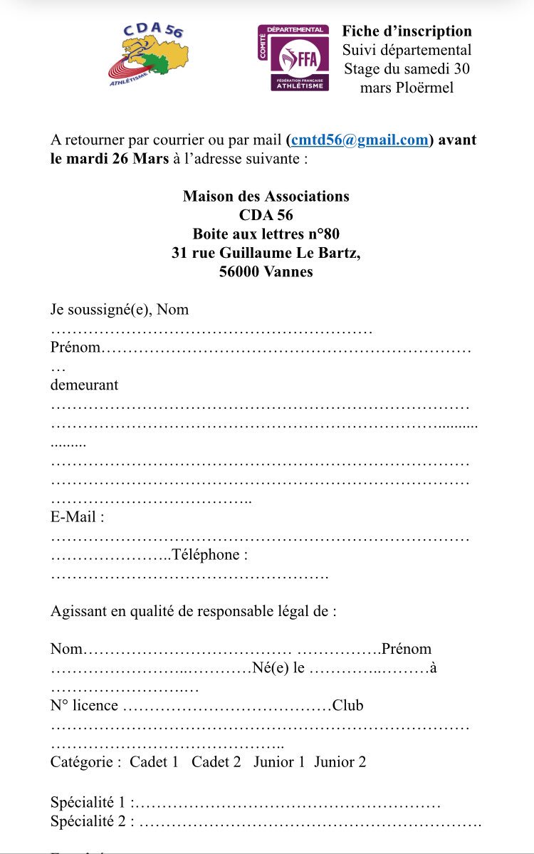 Mikathletisme's tweet photo. Stage Cadet/Junior du Comité Départemental Athlétisme Morbihan
Samedi 30 Mars à la salle couverte de Ploermel !
GRATUIT !!!!
OUVERT À TOUS les athlètes cadets/juniors du Morbihan !
SPRINT / HAIES / DEMI-FOND / SAUTS LANCERS !!
Venez nombreux !!
#PlusFortEnsemble
#CDA56 https://t.co/1ORT58BPEA