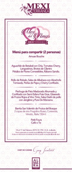 <a href="/jeune_jolie_/">Jeune & Jolie</a> ¡Hola!  Si, hay muchos restaurantes con menú especial de San Valentín.  Entre ellos el <a href="/JasoRestaurant/">Jaso Restaurant</a> tiene un menú de afrodisiacos 😅, <a href="/FBMrest/">Fat Boy Moves</a> tiene menú de postres 😋,  y <a href="/AlmaraRest/">Almara</a>  tiene el menú que ves abajo.