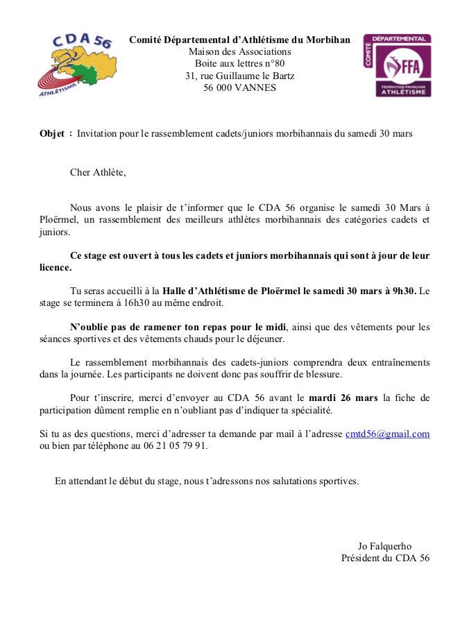LyceeOption's tweet photo. Stage Cadet/Junior du Comité Départemental Athlétisme Morbihan
Samedi 30 Mars à la salle couverte de Ploermel !
GRATUIT !!!!
OUVERT À TOUS les athlètes cadets/juniors du Morbihan !
SPRINT / HAIES / DEMI-FOND / SAUTS LANCERS !!
Venez nombreux !!
#PlusFortEnsemble
#CDA56 https://t.co/C901rR92mc