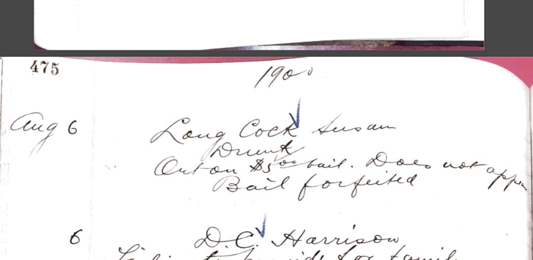 While transcribing today I had a bit of a surprise when I stumbled across LONG COCK SUSAN arrested for drunkenness in August 1900, paid $5.00 bail