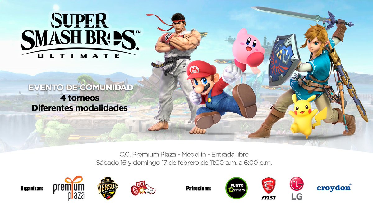 versusesportsco's tweet photo. Smashers! 👊🎮
Junto al #CCPremiumPlaza de #Medellín y el equipo #BreakTheTargets hemos preparado un evento de #SuperSmashBrothersUltimate para este fin de semana
Estaremos sábado y domingo de 11:00 a.m. a 6:00 p.m.
Regístrate aquí en los torneos:
https://t.co/YPg7BlXKVD https://t.co/xENNNtEAdl