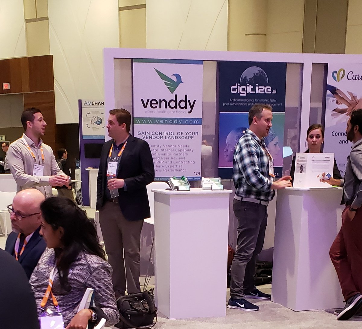 @venddyllc kiosk at #HIMMS19 is so hot right now! Lots of cool stuff happening in the #Innovation Live Pavilion! Stop by! #Aim2Innovate #VRM #iRFP #ReThinkRCM #pinksocks