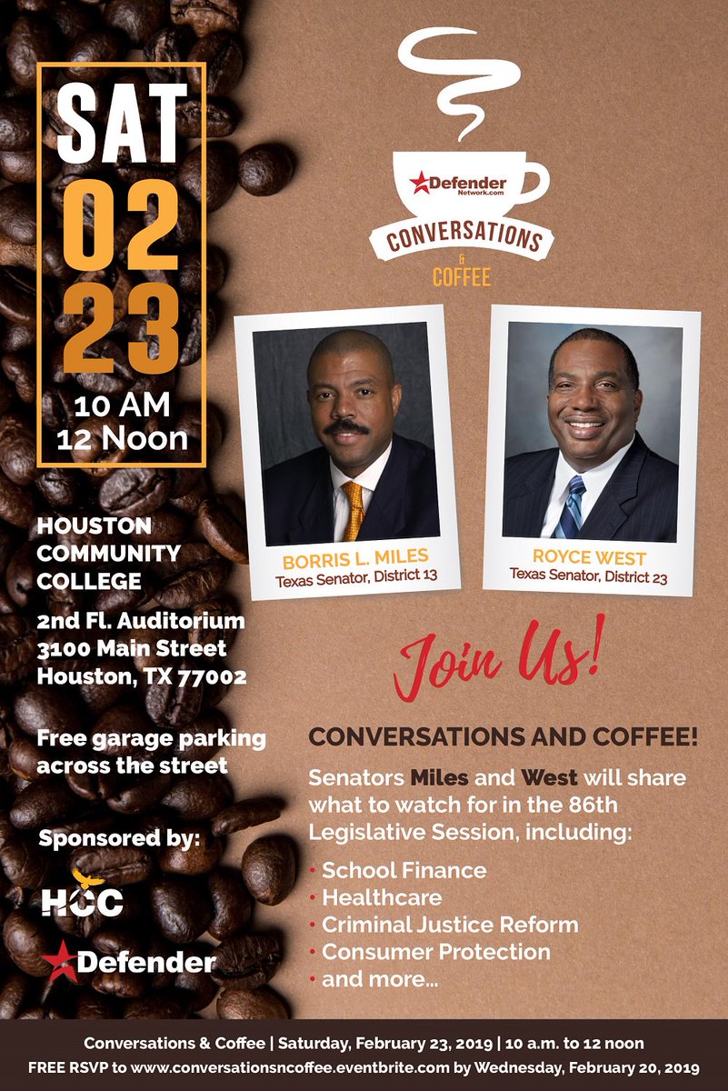 MargoWH's tweet image. HOUSTON EVENT: Conversations &amp;amp; Conversations with Sens. Borris Miles (D-Houston) and Royce West (D-Dallas), Sat., Feb. 23, 10a-Noon, at HCC. Hear what their focus is for the 86th Legislature and make sure YOUR voice is heard. #Txlege /// REGISTER FREE: conversationsncoffee.eventbrite.com
