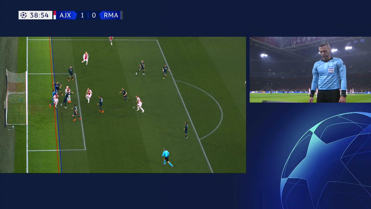 LigadeCampeones's tweet photo. VAR en la UCL: en el minuto 38 del partido de ida entre Ajax y Real Madrid, un gol de cabeza de Nicolás Tagliafico fue anulado tras la revisión del VAR. El árbitro detectó que un compañero de Tagliafico, Dušan Tadić, estaba en posición de fuera de juego (1/2) https://t.co/DLjGcFlDcW