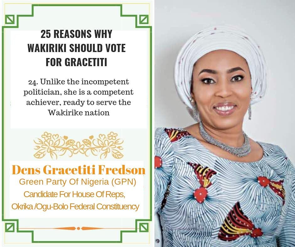 GracetitiF's tweet photo. #25ReasonsWhy 
#VoteGreenPartyForGreenChambers
#HouseOfReps
#OkrikaLGA #OguBoloLGA 
#VoteGreen https://t.co/j2yyEsMIo8