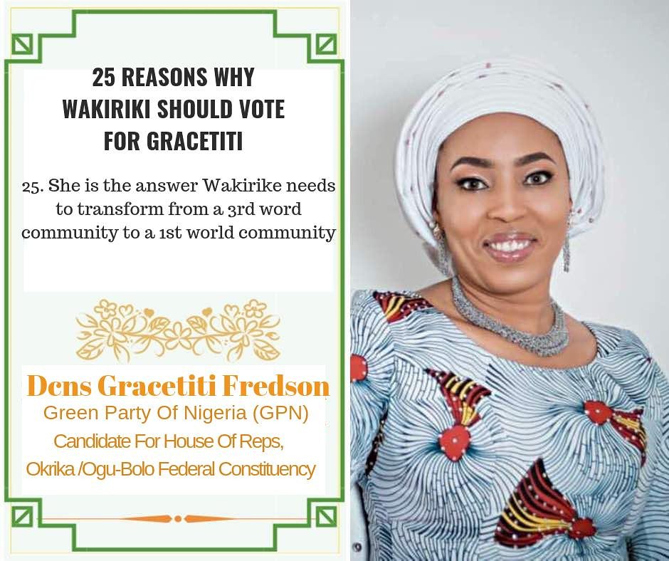 GracetitiF's tweet photo. #25ReasonsWhy 
#VoteGreenPartyForGreenChambers
#HouseOfReps
#OkrikaLGA #OguBoloLGA 
#VoteGreen https://t.co/Rl10oWcr38