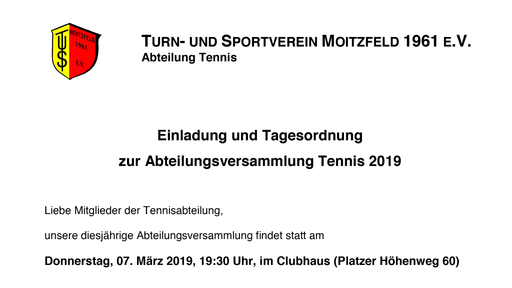 TuS_Moitzfeld's tweet photo. Einladung und Tagesordnung zur Abteilungsversammlung Tennis 2019 https://t.co/NqWSY94MBM https://t.co/cu84TCTX4R