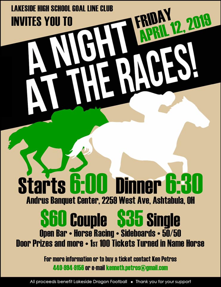 “Night at the Races Tickets” will be available to purchase during this Friday nights Boys Basketball game against Edgewood 

$60 Couple, $35 Single

SAVE THE DATE - April 12 Andrus Banquet Center