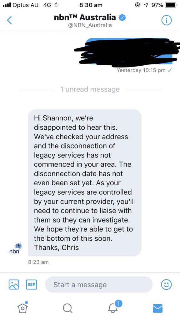 Shhhannon's tweet photo. @iiNet Hi Darryn - was told by consultant that our old service has been cut off due to NBN. Have contacted NBN and they advise it’s not the case for our address. Could you please look into this? Incredibly frustrating. https://t.co/PuDAsXr9Pf