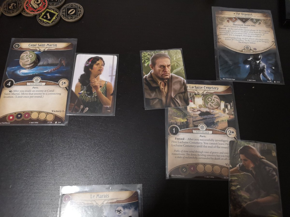 Lukealexross's tweet photo. Tonight we pinned down The Organist in the streets of france. 9 clues forced on him. 
Hot streak + Painted world + Well connected = +3 on a skill test each round. Wild. 
#ffgames #arkhamhorrolcg #carcosa https://t.co/LV17eciUbi