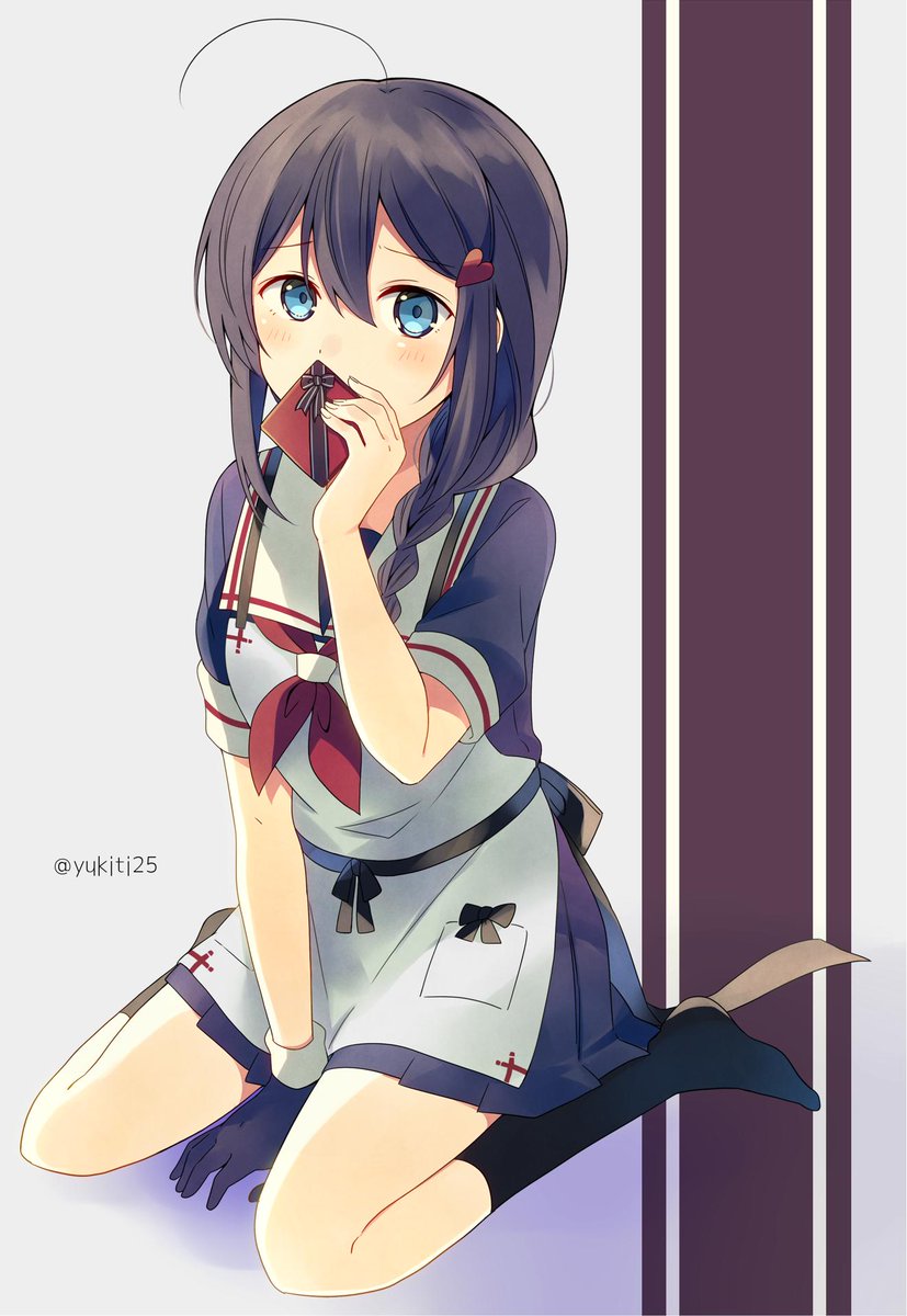 shigure (kancolle) 1girl solo blue eyes braid apron school uniform ahoge  illustration images