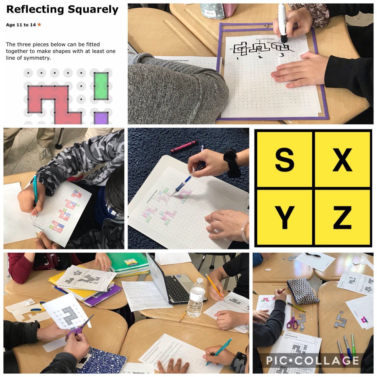 ampacura's tweet photo. Did one of my favorite @nrichmaths puzzles in my 8th grade classes after todayβs @WODBMath. So interesting to see all the different ways students chose to work on finding all the symmetrical shapes! #mtbos #iteachmath #teach180 #geometrychat #msmathchat #WODB #nrich #Geogebra https://t.co/XVw5Tl8ZrD
