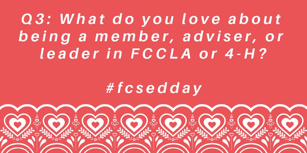 aafcs's tweet photo. Q3:  What do you love about FCCLA or 4-H?  Share your perspective as a youth member, alumni member, chapter adviser, or youth or adult leader. #fcsedday https://t.co/mFh4Gd38kT