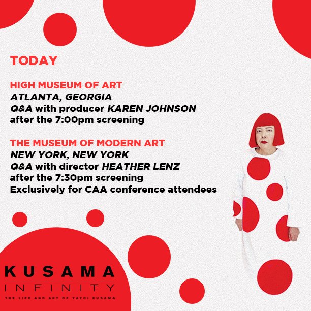 Don’t miss out on these special screenings of #KusamaMovie TONIGHT. 🎟️ #KusamaInfinity #CAA2019 #CAANYC

Get tickets to the High Museum of Art: bit.ly/KarenJohnsonKu…

Get tickets to the MOMA: bit.ly/HeatherLenzKus…
