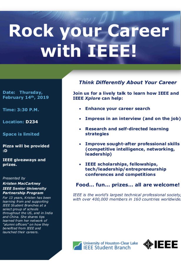 uhclieee's tweet photo. Join us tomorrow in D234 at 3:30pm to hear Kristen MacCartney talk on ways to enhance your career skills! Free pizza is included! https://t.co/lgbSbqTFsz