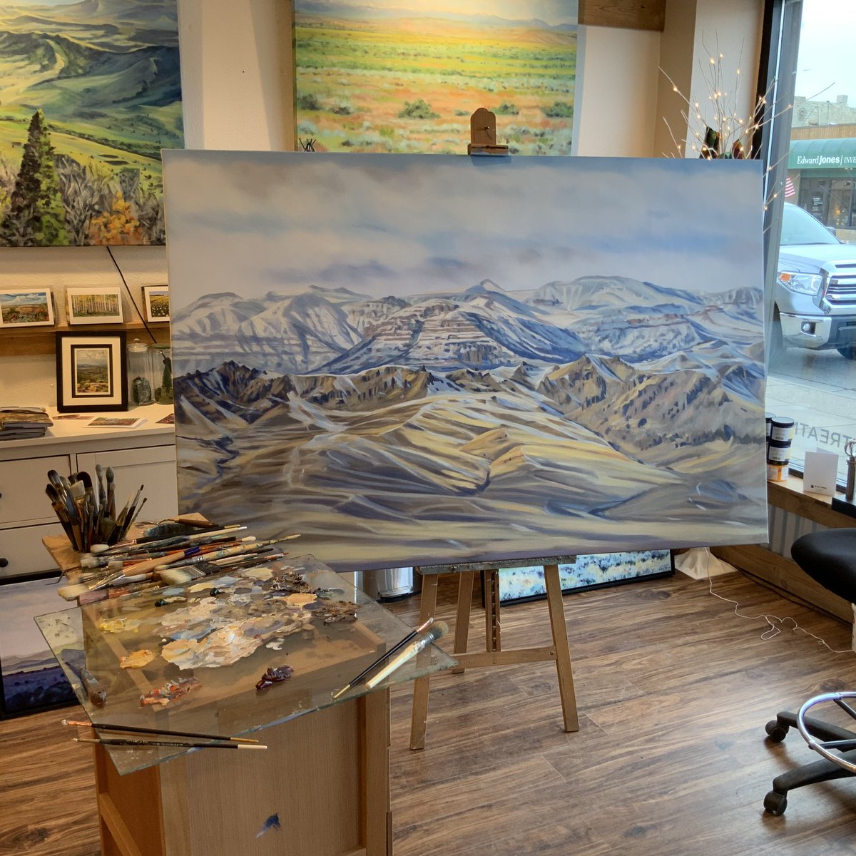 Stage 3 of “Sheep Mountain” which is part of the greater Absaroka Range.  48x72 inches - oil on canvas .
.
.
.
.
.
#absarokarange #sheepmountain #mountains #snow #cody #wyoming #oilpainting #oil #oiloncanvas #bigcanvas #myart #timmergallery #contemporaryart #absarokamountains