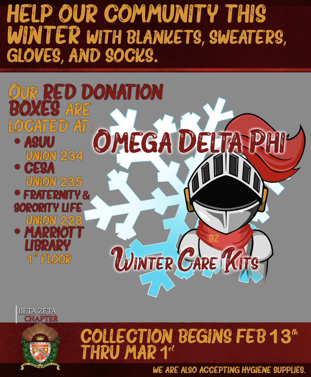 Our Winter Care Kit Service Event kicks off today and goes until March 1st. Help our community this winter by donating warm clothes and unused hygiene supplies <a href="/UofUGreeks/">U of U Greeks</a> <a href="/MarriottLibrary/">Marriott Library</a> <a href="/uofustudentgov/">ASUU</a> @diversityatU #Service #winter #donate #fraternity #ODPhi #universityofutah