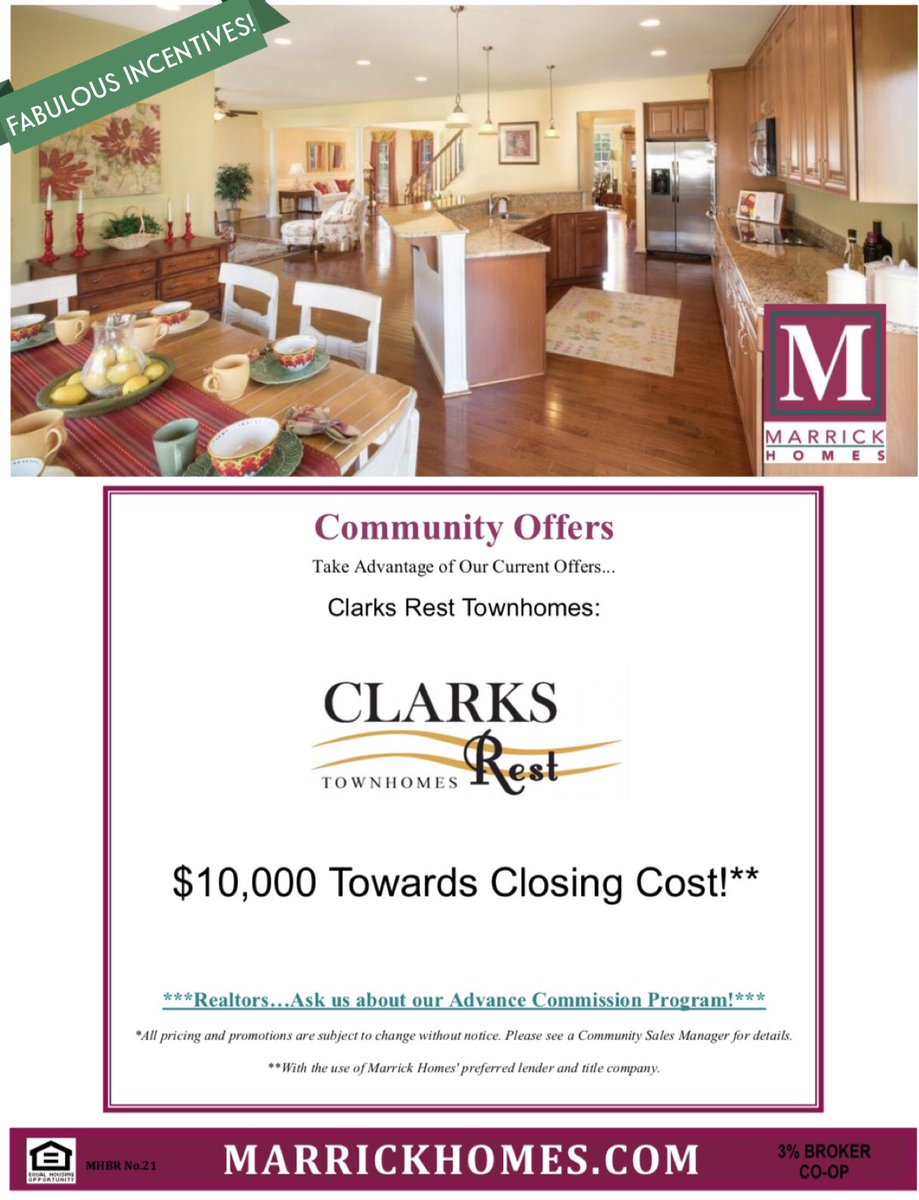 MarrickHomes's tweet photo. Take advantage of Fabulous #Incentives available now at #ClarksRest! Find out more on how you can save on a beautiful #NewTownhome, visit us online or stop by Clarks Rest in #LeonardtownMD today! #MakeItAMarrick #CommunityOffers #SouthernMD https://t.co/aUThZSR4Cb