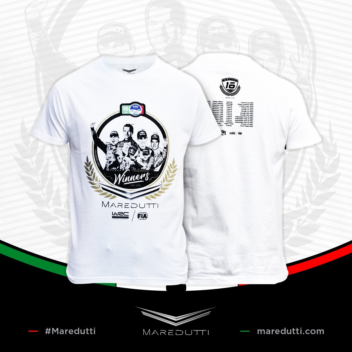 MAREDUTTI's tweet photo. Colección 2019, Playera en color blanco en Homenaje a los Campeones del @RallyMexico 🇲🇽 #Maredutti 🏁🏎👏 https://t.co/z6SO6jKGfI