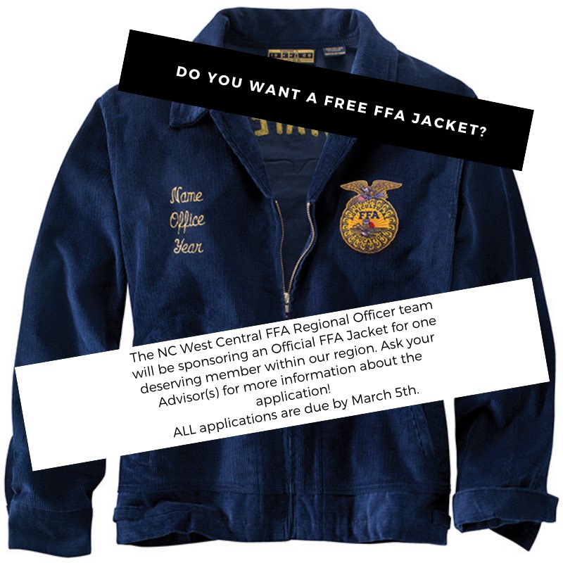 NCWestCentral's tweet photo. The West Central Region Officer Team is excited to be sponsoring one jacket this year for a deserving regional member! Please check with your Advisor(s) for the application, and DM this account if you have any questions. Applications are to be submitted no later than March 5th! https://t.co/Bqk75kP7FC