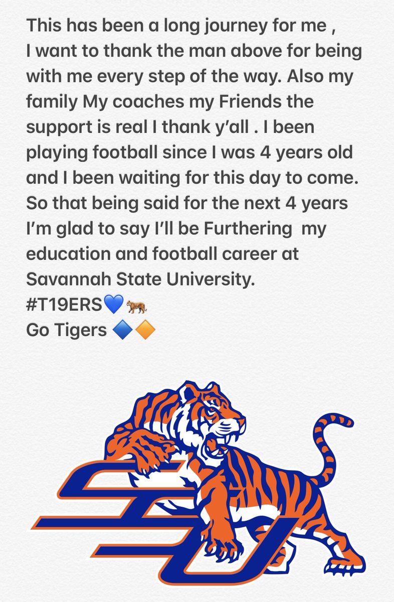 swint2019's tweet photo. Proud to announce that I am .....110% committed to Savannah State University #T19GERS💙🐅 #GOTIGERS🔷🔶 @KeiwanRatliff @CoachShawnQuinn @Godswarrior1993 https://t.co/76fxLj3vGO