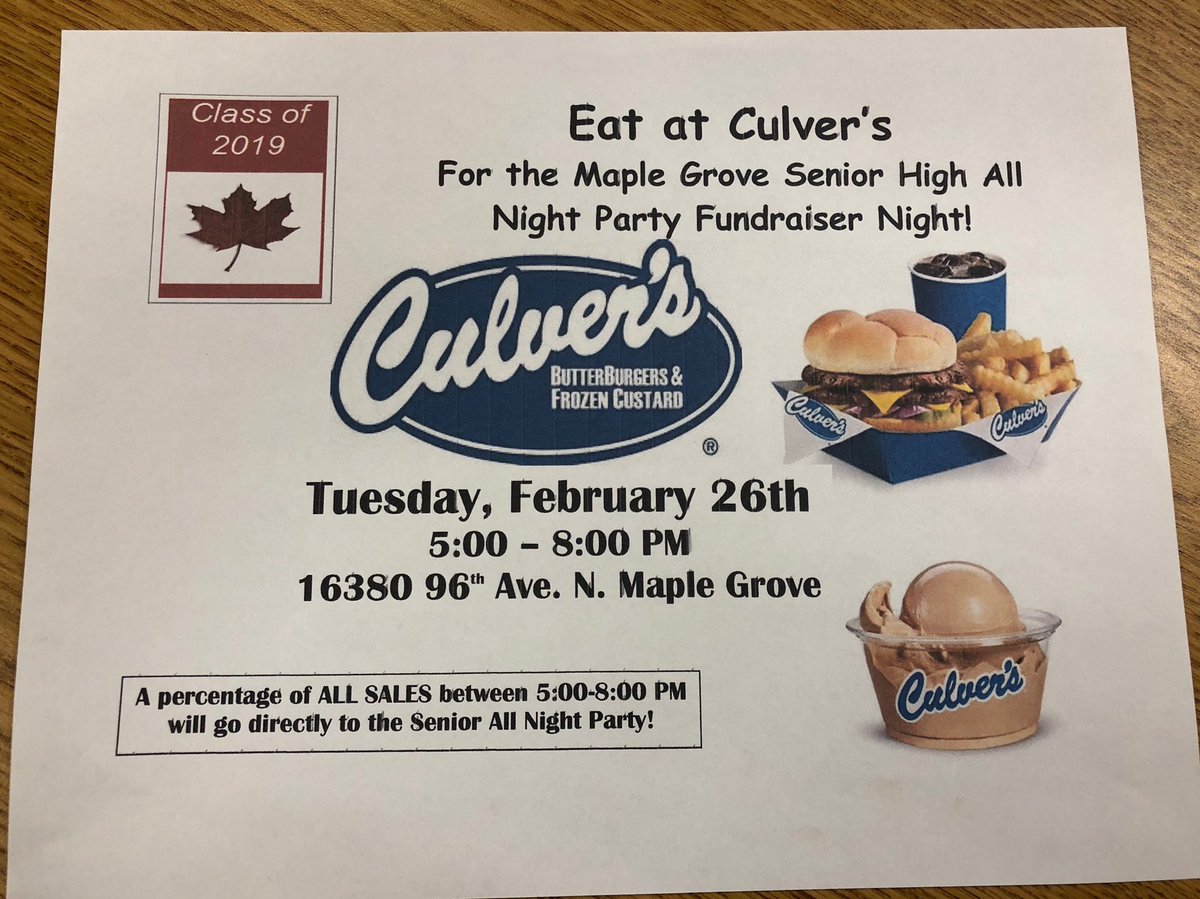 MGpartyzone's tweet photo. 🚨🚨MARK YOUR CALENDARS FOR TUESDAY, FEBRUARY 26TH TO HEAD OVER TO CULVER’S FOR DELICIOUS FOOD!🍔THIS IS A FUNDRAISER FOR THE SENIOR ALL NIGHT PARTY🤑THE MORE MONEY RAISED, THE BETTER THE PRIZES🤩BRING A HUGE APPETITE🤪 @MapleGroveSrHS #GOODEATS #PACKTHEBOOTHS https://t.co/vh1KEnAbFH