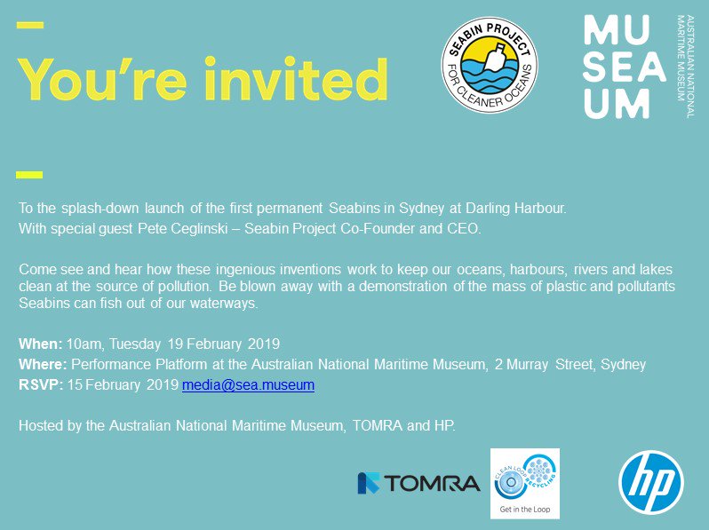 seamuseum_'s tweet image. For your diary: Let's make Darling Harbour cleaner, one #seabin at a time 🐠🌊🚯 Come to the launch of Sydney’s 1st permanent Seabin with the @Seabin_project, thanks to TOMRA and @HP_Australia