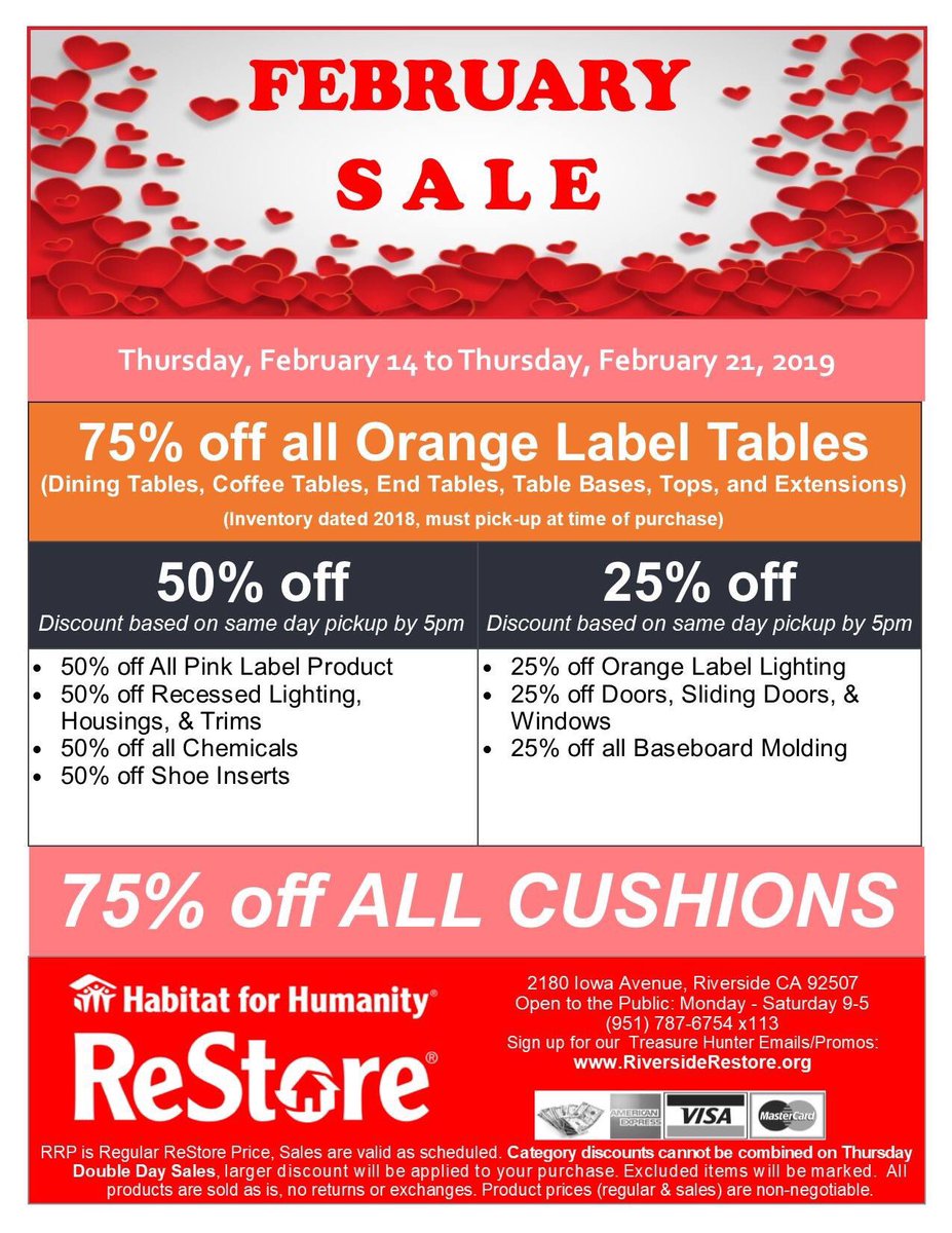 We wish a Happy Valentine's Day to all our Riverside ReStore customers! The new sale breaks tomorrow, and remember Double Sale Thursdays! Shop on Thursdays and take advantage of both week's sales!
