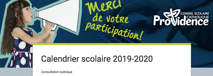 Chers parents,
Le Conseil scolaire désire consulter les parents et membres du personnel au sujet du calendrier scolaire. Cette consultation en ligne se retrouve sur la page d’accueil du Conseil du 14 au 21 février 2019. Nous vous encourageons à nous fair… bit.ly/2GpA0f4