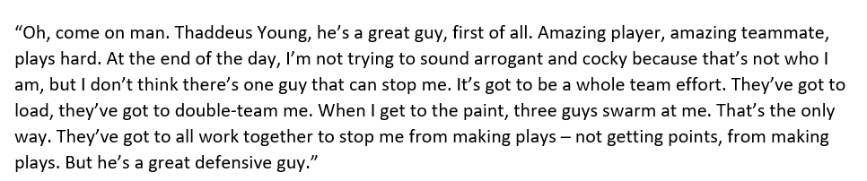 Matt_Velazquez's tweet photo. After the game, Giannis was asked this question:

"Did you enjoy your matchup with Thad Young? Around here in Indiana there were some games where he had some good games against you, got a reputation as a guy who could slow you down.”

His response: https://t.co/edAYGdTf6O