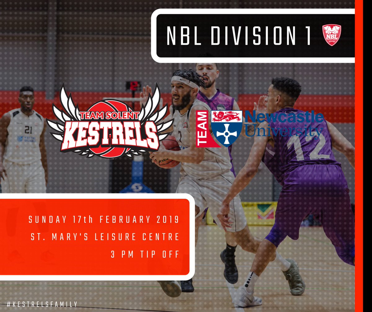 After a run of roads games, including Saturdays match up with Worthing Thunder - 7:30pm, TSK return to St. Mary's Leisure Centre

🆚 Team Newcastle
🏆 NBL D1
📅 Sunday 17th February 2019
📍 St. Mary's Leisure Centre
⏰ 3pm

#KestrelsFamily we need you to come and bring the noise!