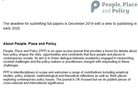PPP_Journal's tweet photo. Call for papers! Submit your work to "Contemporary Youth: Precarity, Resistance and (Re)imagined Future," a Special Issue from PPP.

Abstract deadline: 22/03/2019

We welcome articles/reviews, practice/focus papers, book reviews and blogs. 

Please contact Chris.Devany@shu.ac.uk https://t.co/rma7grGar5