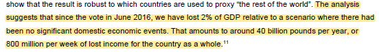 Bank of England policymaker Gertjan Vlieghe estimates Brexit cost to date at 2% of GDP compared to if UK had voted remain - £800 mln per week or about two "buses" worth