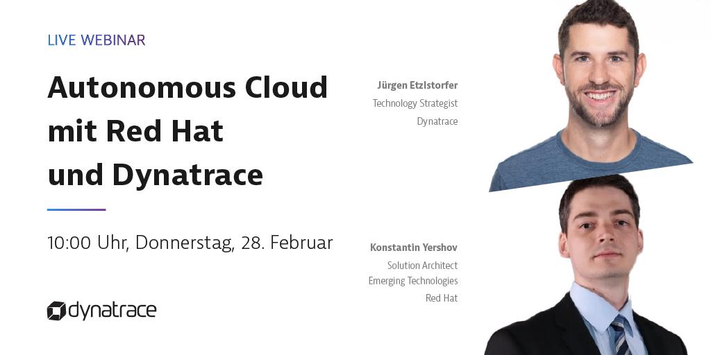 sandrapeil's tweet photo. Join @jetzlstorfer from #Dynatrace and Konstantin Yershov from #RedHatDACH on 28th February, showing how #AutonomousCloud can become reality. https://t.co/RnRsWlcXEy https://t.co/4r6XD04Osz