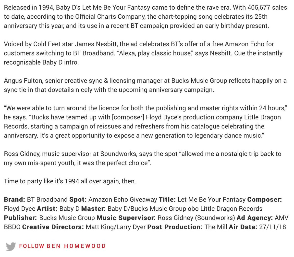 TSW (@thesoundworks) on Twitter photo Our recent BT placement for Baby D - 'Let Me Be Your Fantasy' was a featured sync story in <a href="/MusicWeek/">Music Week</a> Thanks Guys 🥰 Our recent BT placement for Baby D - 'Let Me Be Your Fantasy' was a featured sync story in <a href="/MusicWeek/">Music Week</a> Thanks Guys 🥰