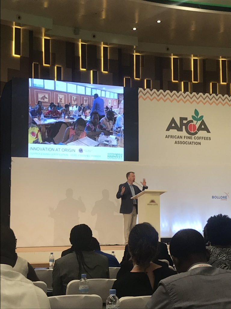 Innovation in coffee. @liambrody @sustainableharvest highlights CQIs Q processing certification at @afca_coffee #MakeCoffeeBetter