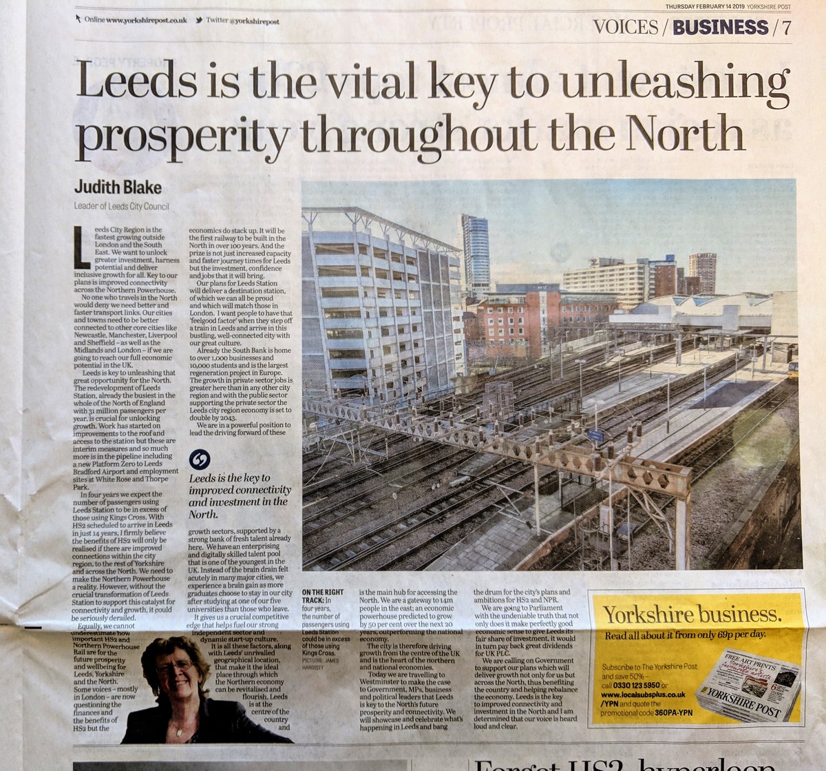 leedskeytonorth's tweet photo. In today's Yorkshire Post: Cllr Judith Blake, Leader of Leeds City Council, explains why Leeds is key to improved connectivity and investment across the North #OneNorth #LeedsKeyToTheNorth https://t.co/Fgm5byJovF