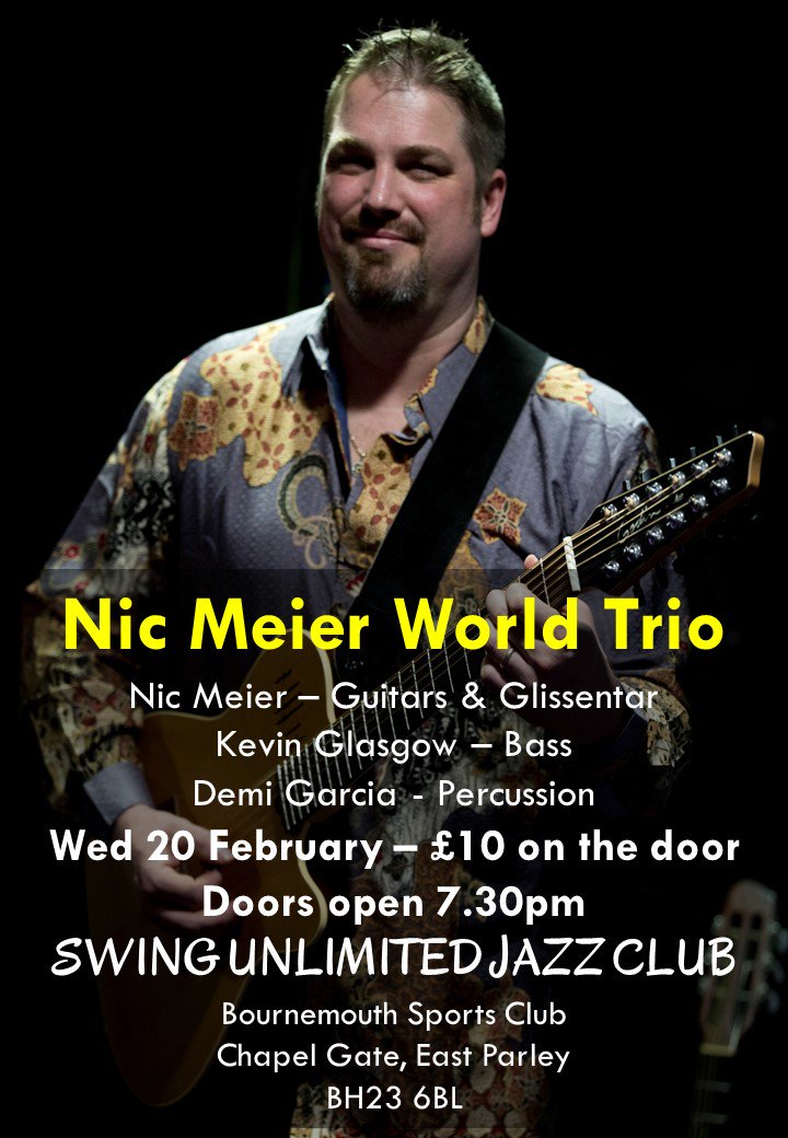 SUJCDorset's tweet photo. Wed 20 Feb 7.30pm £10 on the door - World class guitar trio with #nicolasmeier guitars/glissentar; #kevinglasgow bass; #DemiGarcia percussion. https://t.co/z7TTol8BEr
"It's rare to come across a musician whose vision for his instrument is so vastly expansive..." Drumhead Mag https://t.co/9bGo4PcOuE