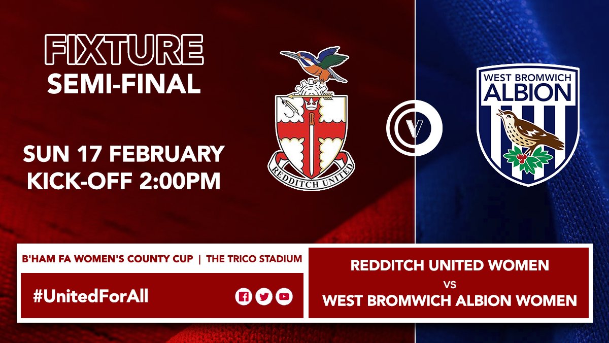 A hugely exciting day for The Reds this Sunday, as they host West Bromwich Albion Women in the Semi Final of the County Cup.

Please come and show your support!

Kick Off 2PM

#UnitedForAll