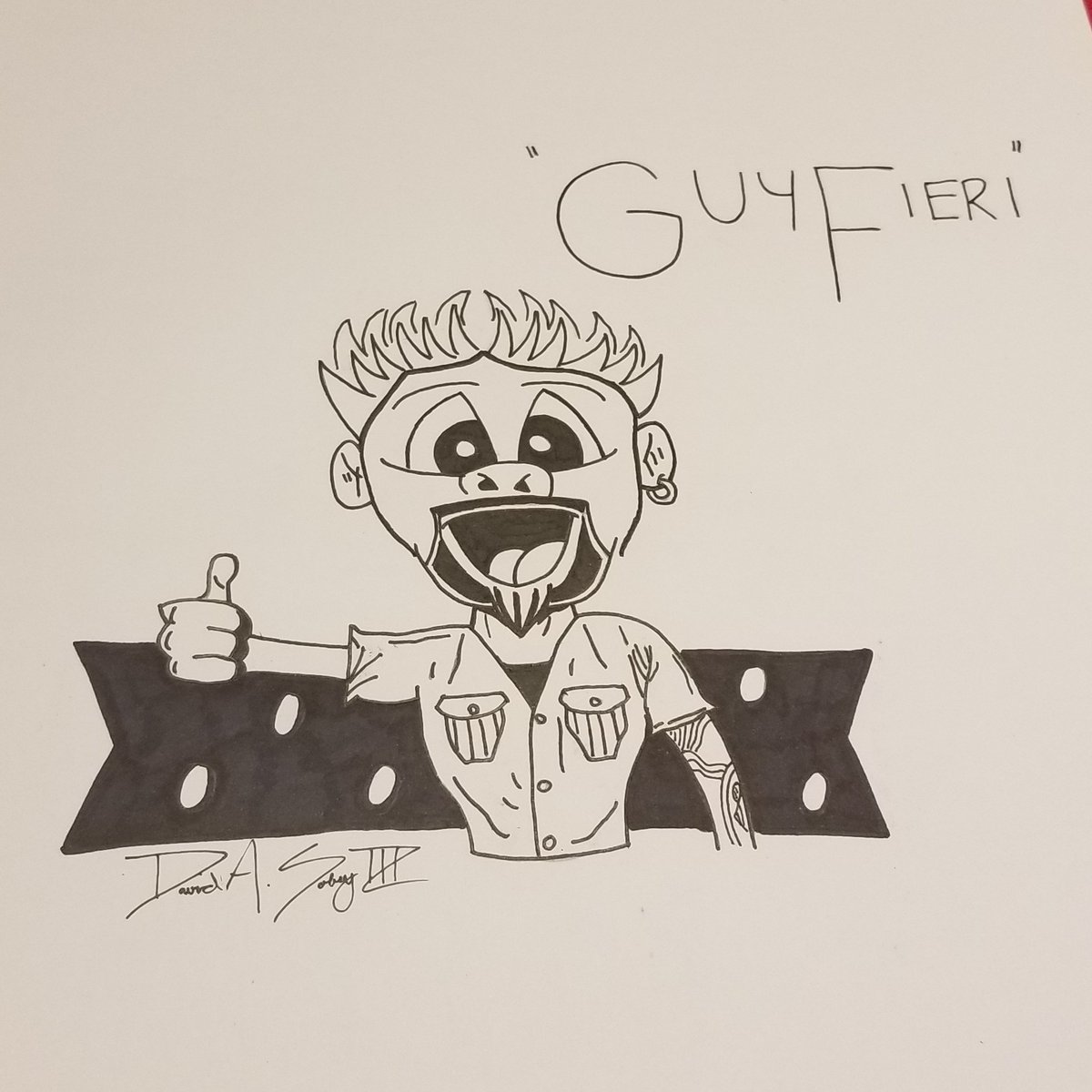Sobey1Kenobi's tweet photo. @GuyFieri, today I was challenged to cartoon you. Only shading with black Sharpee. How do you think I did? #cartoon #monkeyshorts #davidtakesondrawing https://t.co/mxxqcgugd3