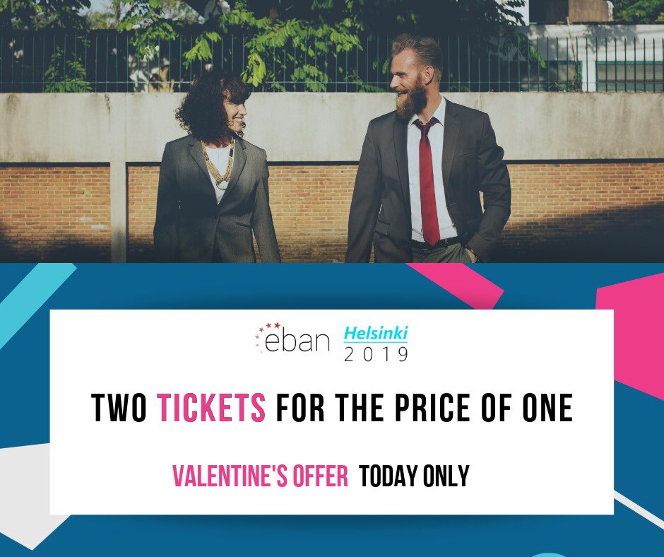FiBANorg's tweet photo. We have a Valentine’s Day gift for you, our friend 💙 Two regular #EBANHelsinki2019 event tickets for the price of one! Grab a friend and join Europe’s biggest #businessangel congress in #Helsinki on the 3-4th of June 2019. The offer is valid ONLY TODAY at https://t.co/5uqE9Cn7FB https://t.co/OBxKoYSblE