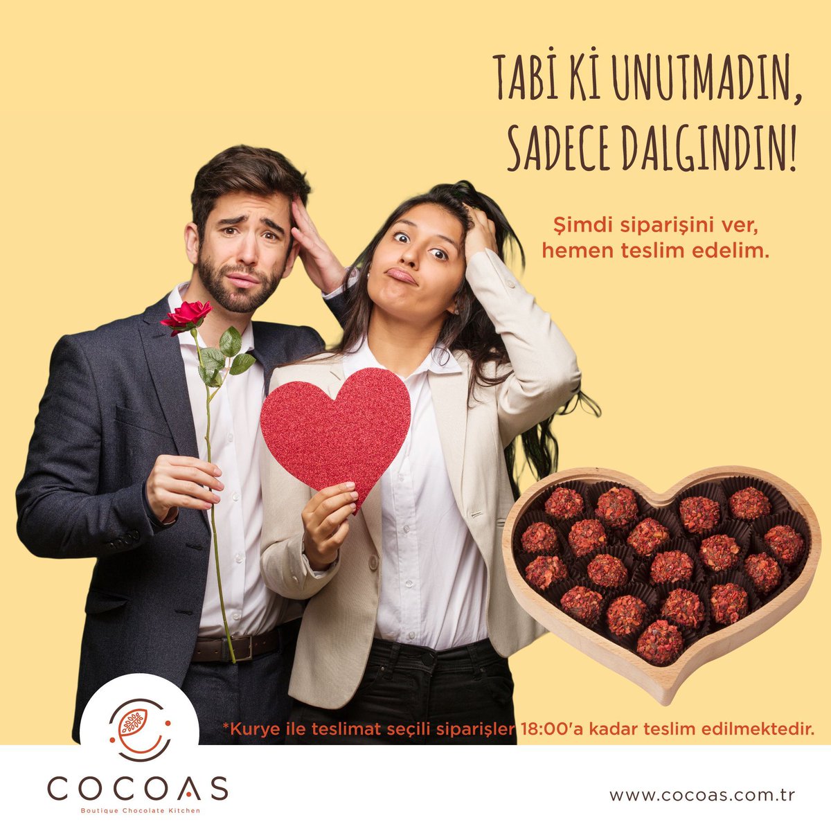 Sevginize lezzet katmak için geç kalmadın! Hemen sipariş ver, gün içinde teslimatını yapalım!

* İstanbul içi 12.00' a kadar verilen siparişler için geçerlidir.

#cocoaschocolat #sevgililergünü #ValentinesDay2019 #cikolata #aşk #sevgi