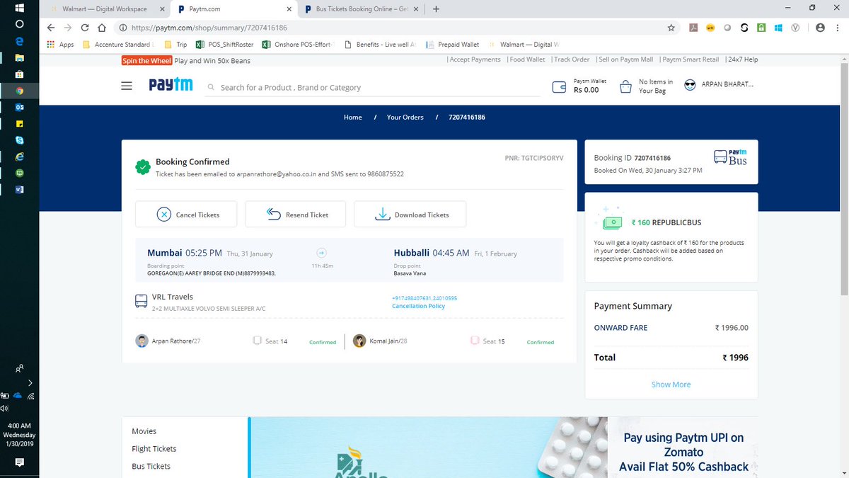 arpanrathore's tweet photo. @Paytm @Paytmcare I have booked ticket for 1st Feb but the confirmation page shows 31st Jan as Travel date as you can see below. Now when I cancelled the ticket, thinking travel date is incorrect, Paytm is charging me Rs 285 as Cancellation Fee. https://t.co/XiDn6dokSW
